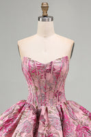 Load image into Gallery viewer, Red Floral Corset Jacquard A Line Short Bubble Cocktail Dress