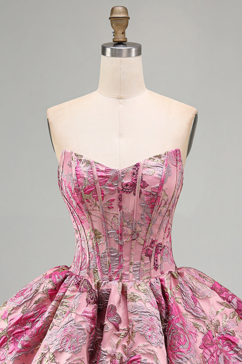 Load image into Gallery viewer, Red Floral Corset Jacquard A Line Short Bubble Cocktail Dress