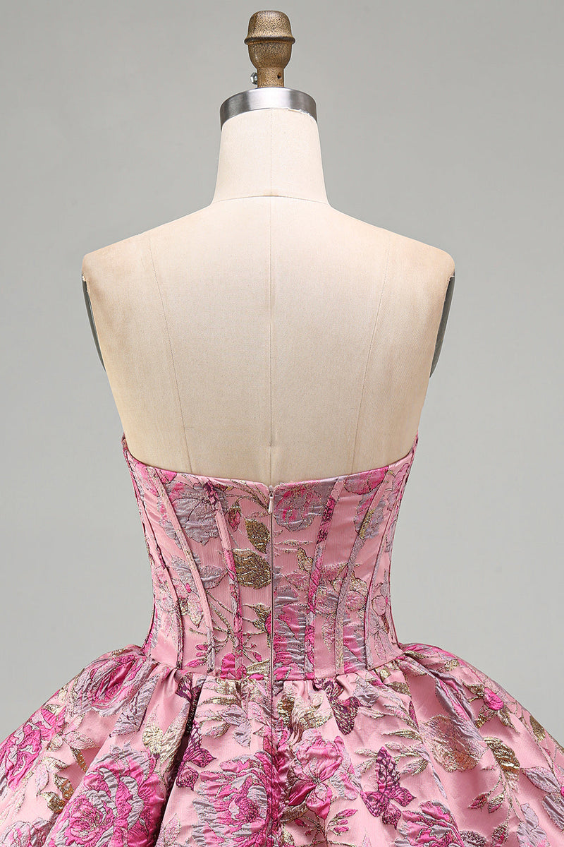 Load image into Gallery viewer, Red Floral Corset Jacquard A Line Short Bubble Cocktail Dress