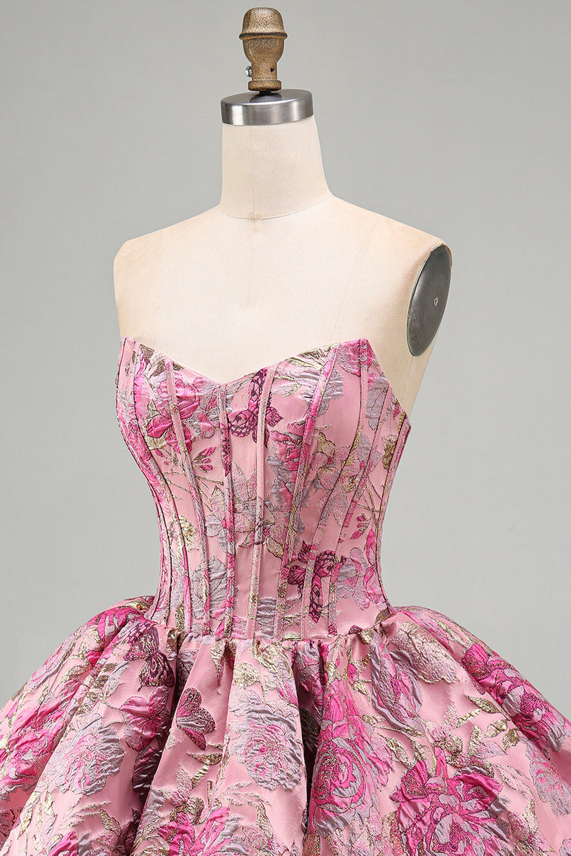 Load image into Gallery viewer, Red Floral Corset Jacquard A Line Short Bubble Cocktail Dress