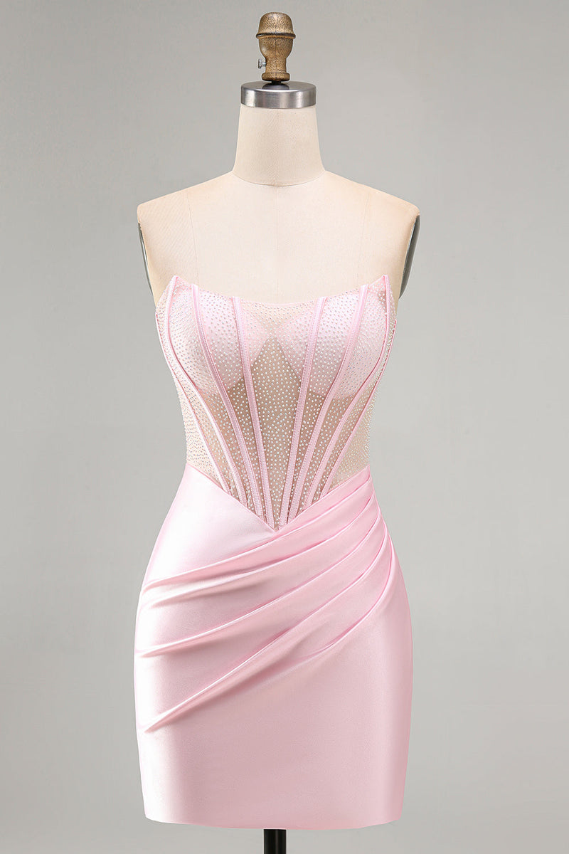 Load image into Gallery viewer, Sparkly Pink Tight Corset Beaded Ruched Short Cocktail Dress