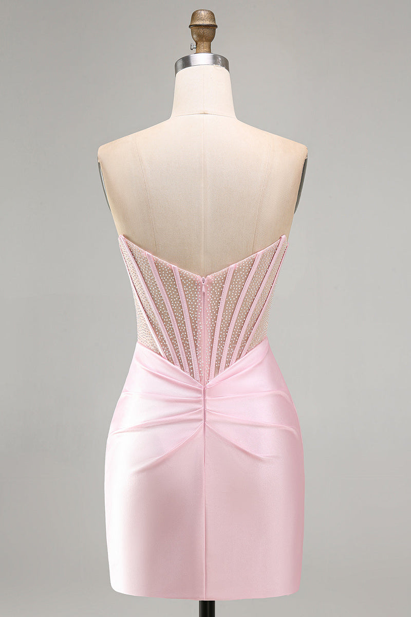 Load image into Gallery viewer, Sparkly Pink Tight Corset Beaded Ruched Short Cocktail Dress
