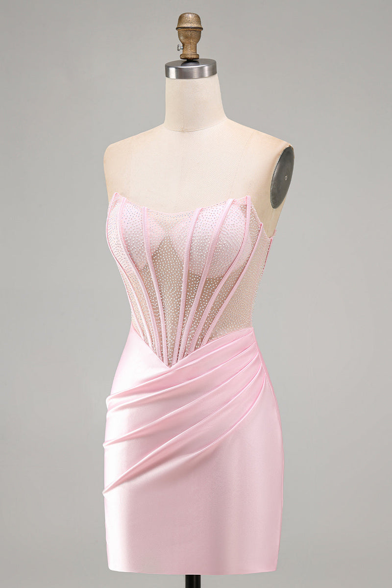 Load image into Gallery viewer, Sparkly Pink Tight Corset Beaded Ruched Short Cocktail Dress