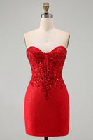 Load image into Gallery viewer, Red Corset Sparkly Sequin Floral Sweetheart Tight Short Cocktail Dress