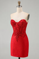 Load image into Gallery viewer, Red Corset Sparkly Sequin Floral Sweetheart Tight Short Cocktail Dress