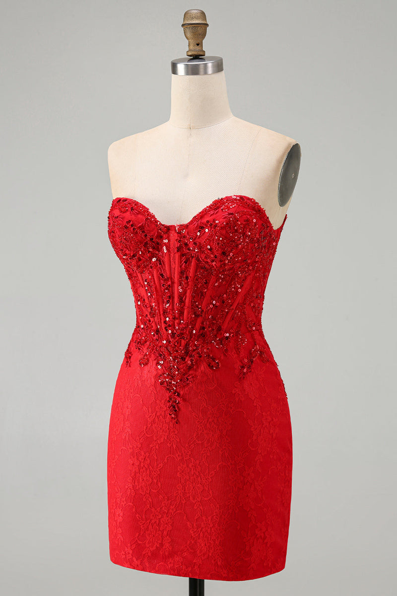 Load image into Gallery viewer, Red Corset Sparkly Sequin Floral Sweetheart Tight Short Cocktail Dress