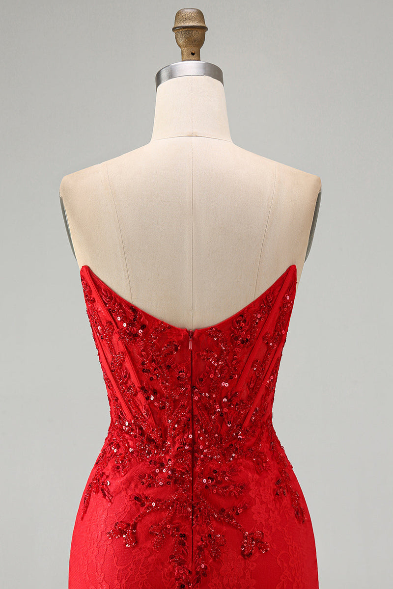 Load image into Gallery viewer, Red Corset Sparkly Sequin Floral Sweetheart Tight Short Cocktail Dress