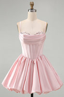 Load image into Gallery viewer, Pink Sparkly Corset Ruched A Line Satin Bubble Short Cocktail Dress with Sequins