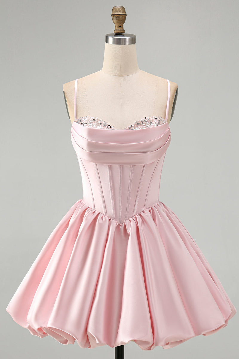 Load image into Gallery viewer, Pink Sparkly Corset Ruched A Line Satin Bubble Short Cocktail Dress with Sequins