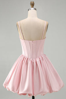 Pink Sparkly Corset Ruched A Line Satin Bubble Short Cocktail Dress with Sequins