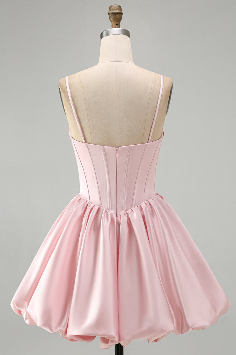 Load image into Gallery viewer, Pink Sparkly Corset Ruched A Line Satin Bubble Short Cocktail Dress with Sequins
