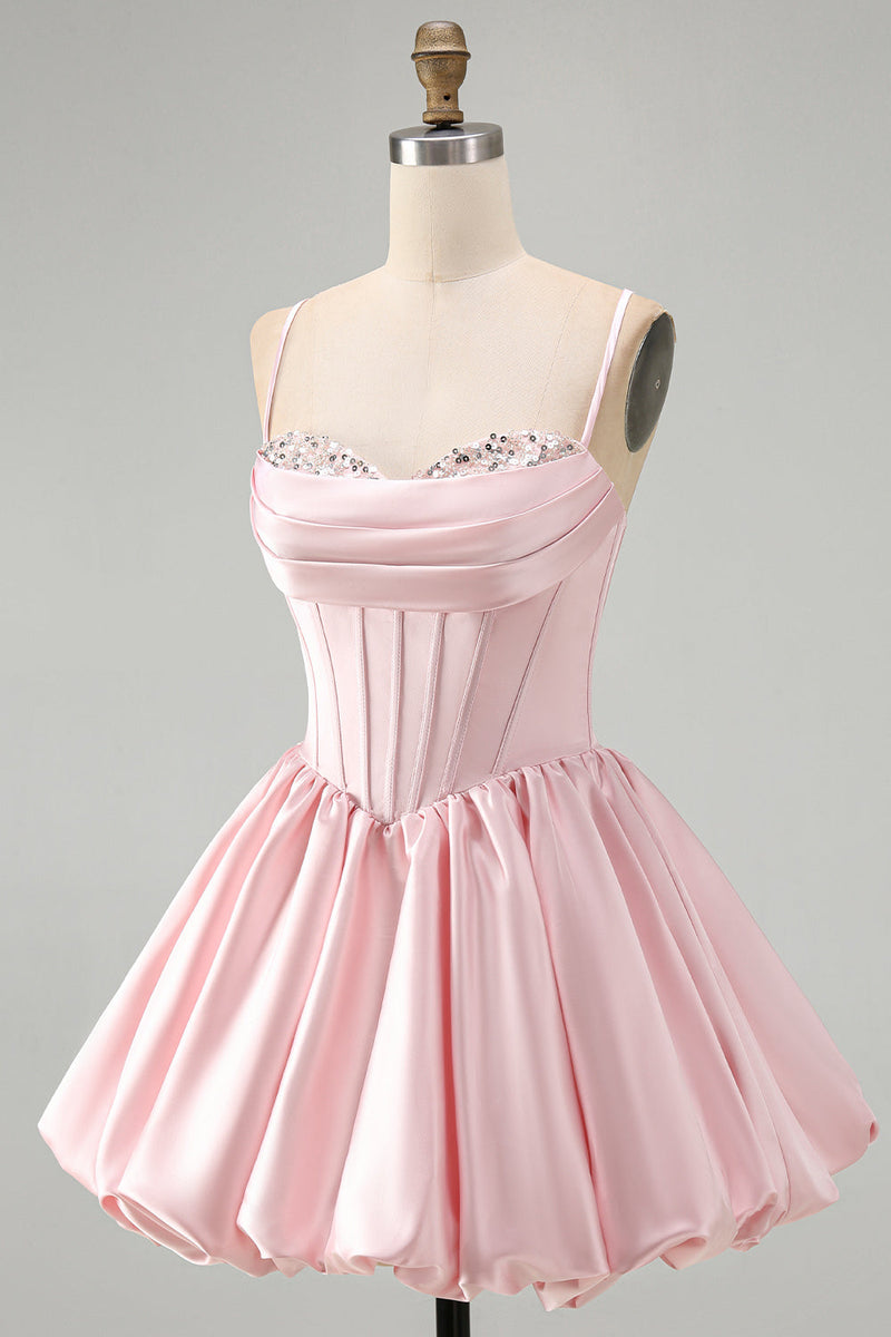 Load image into Gallery viewer, Pink Sparkly Corset Ruched A Line Satin Bubble Short Cocktail Dress with Sequins