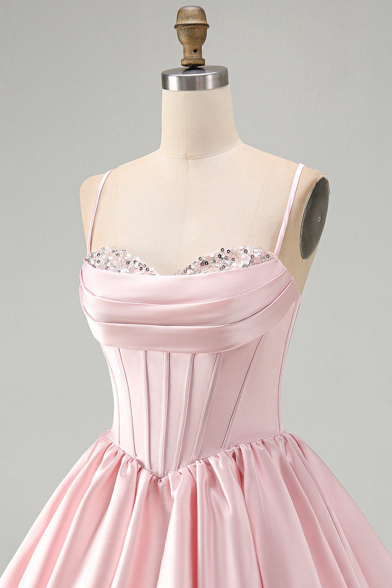 Load image into Gallery viewer, Pink Sparkly Corset Ruched A Line Satin Bubble Short Cocktail Dress with Sequins
