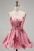 Load image into Gallery viewer, Floral Pink Ruffled Corset Strapless A Line Short Cocktail Dress