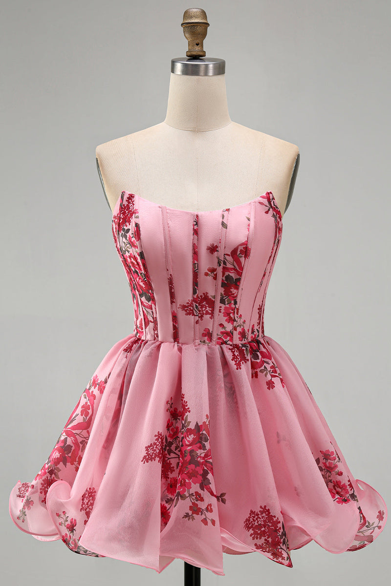 Load image into Gallery viewer, Floral Pink Ruffled Corset Strapless A Line Short Cocktail Dress