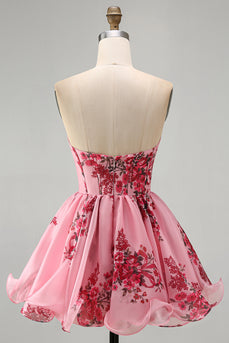 Floral Pink Ruffled Corset Strapless A Line Short Cocktail Dress