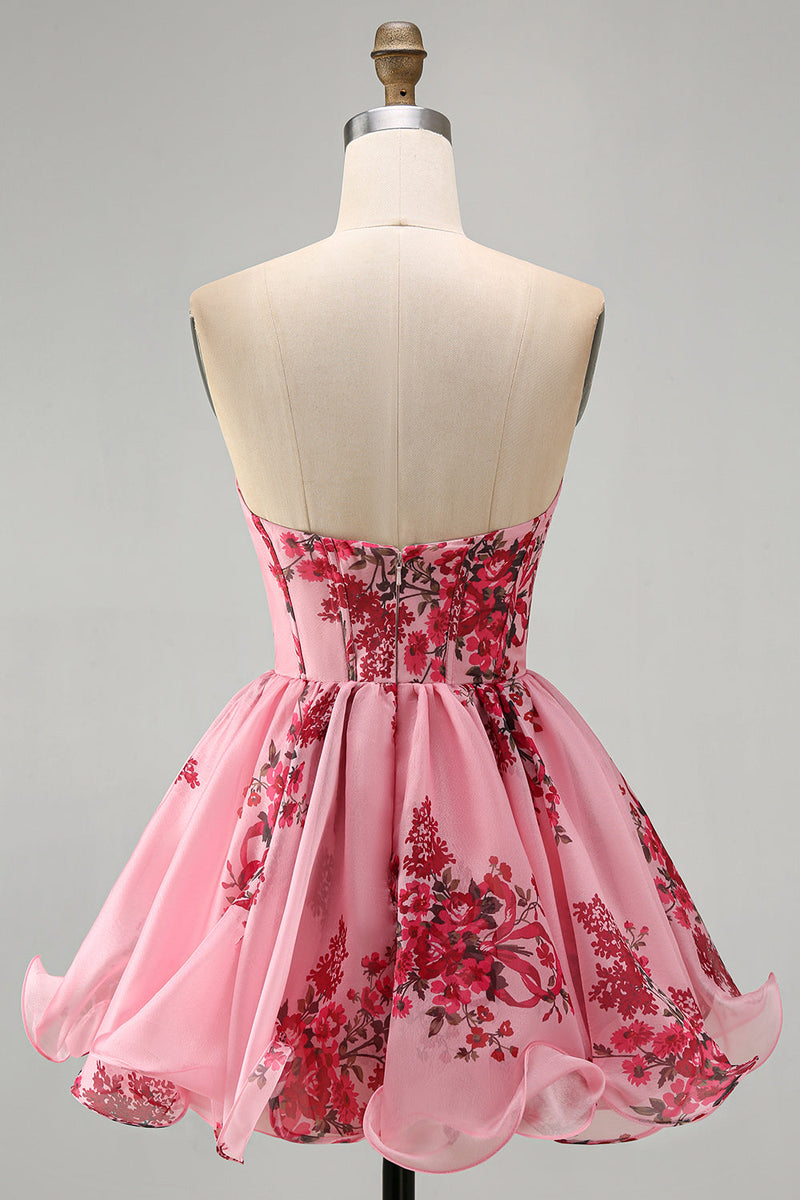 Load image into Gallery viewer, Floral Pink Ruffled Corset Strapless A Line Short Cocktail Dress