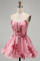 Load image into Gallery viewer, Floral Pink Ruffled Corset Strapless A Line Short Cocktail Dress