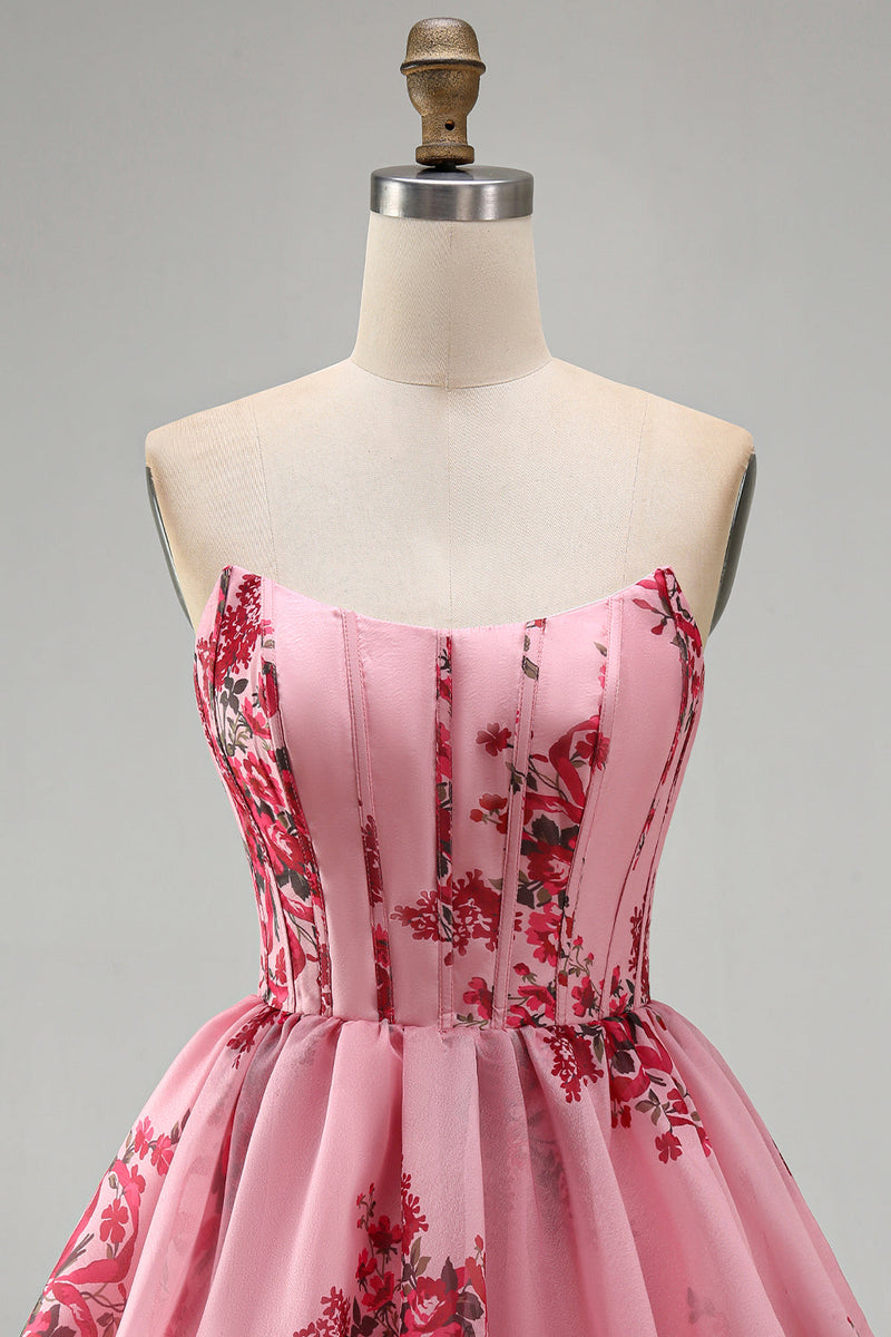 Load image into Gallery viewer, Floral Pink Ruffled Corset Strapless A Line Short Cocktail Dress