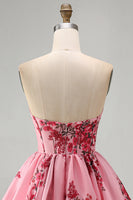 Load image into Gallery viewer, Floral Pink Ruffled Corset Strapless A Line Short Cocktail Dress
