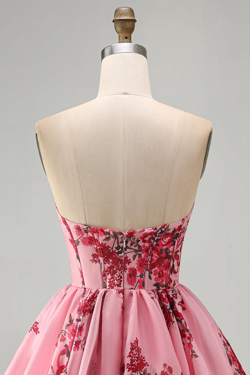 Load image into Gallery viewer, Floral Pink Ruffled Corset Strapless A Line Short Cocktail Dress
