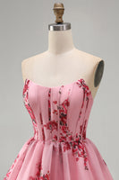 Load image into Gallery viewer, Floral Pink Ruffled Corset Strapless A Line Short Cocktail Dress