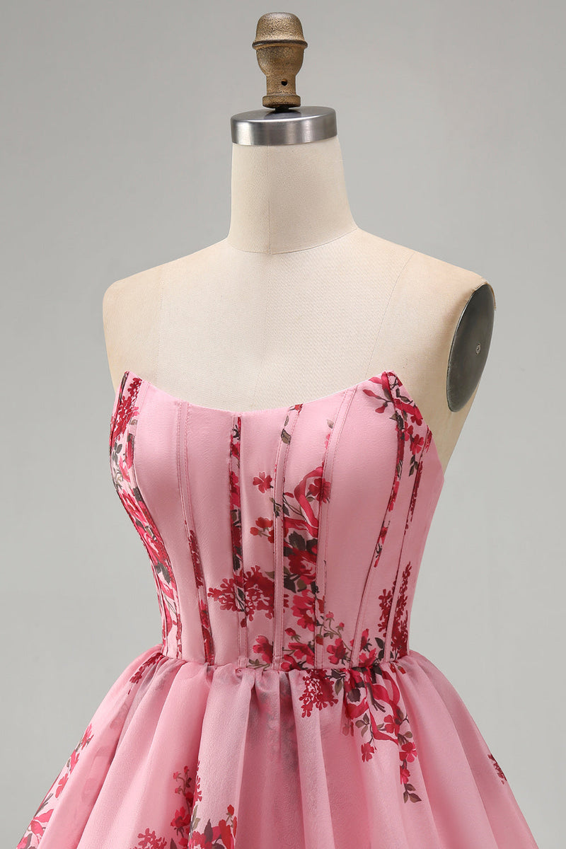 Load image into Gallery viewer, Floral Pink Ruffled Corset Strapless A Line Short Cocktail Dress