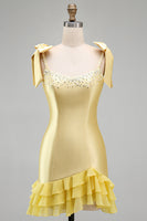 Load image into Gallery viewer, Sparkly Yellow Tight Tiered Ruffled Beaded Satin Short Cocktail Dress with Bows