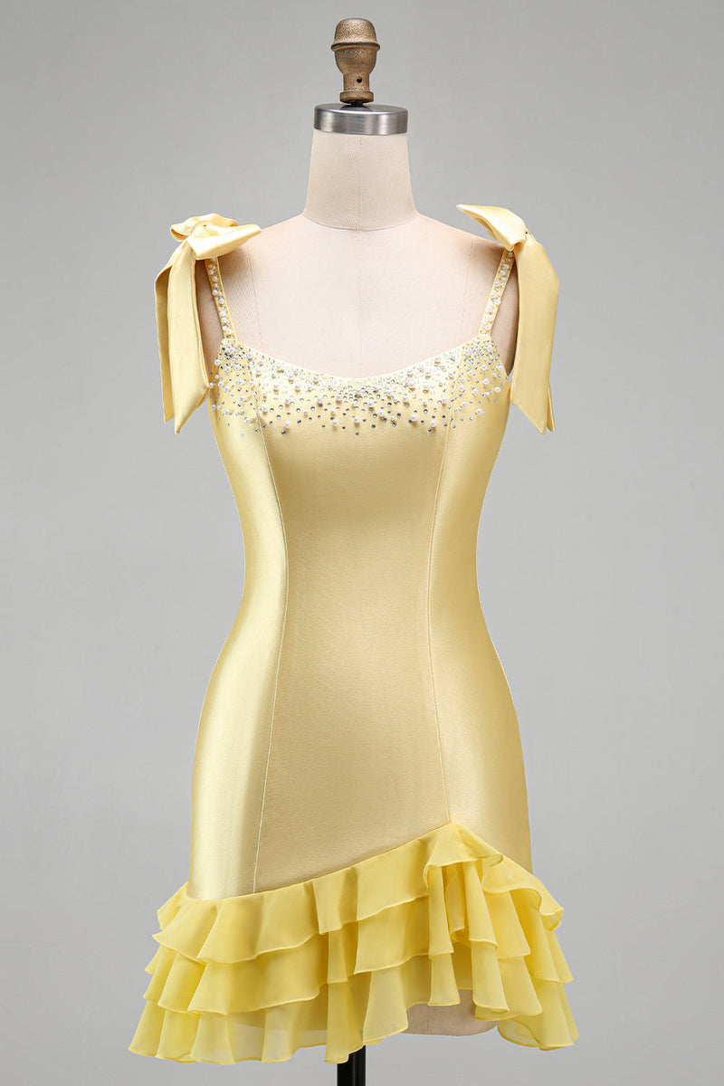 Load image into Gallery viewer, Sparkly Yellow Tight Tiered Ruffled Beaded Satin Short Cocktail Dress with Bows