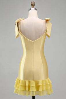 Sparkly Yellow Tight Tiered Ruffled Beaded Satin Short Cocktail Dress with Bows