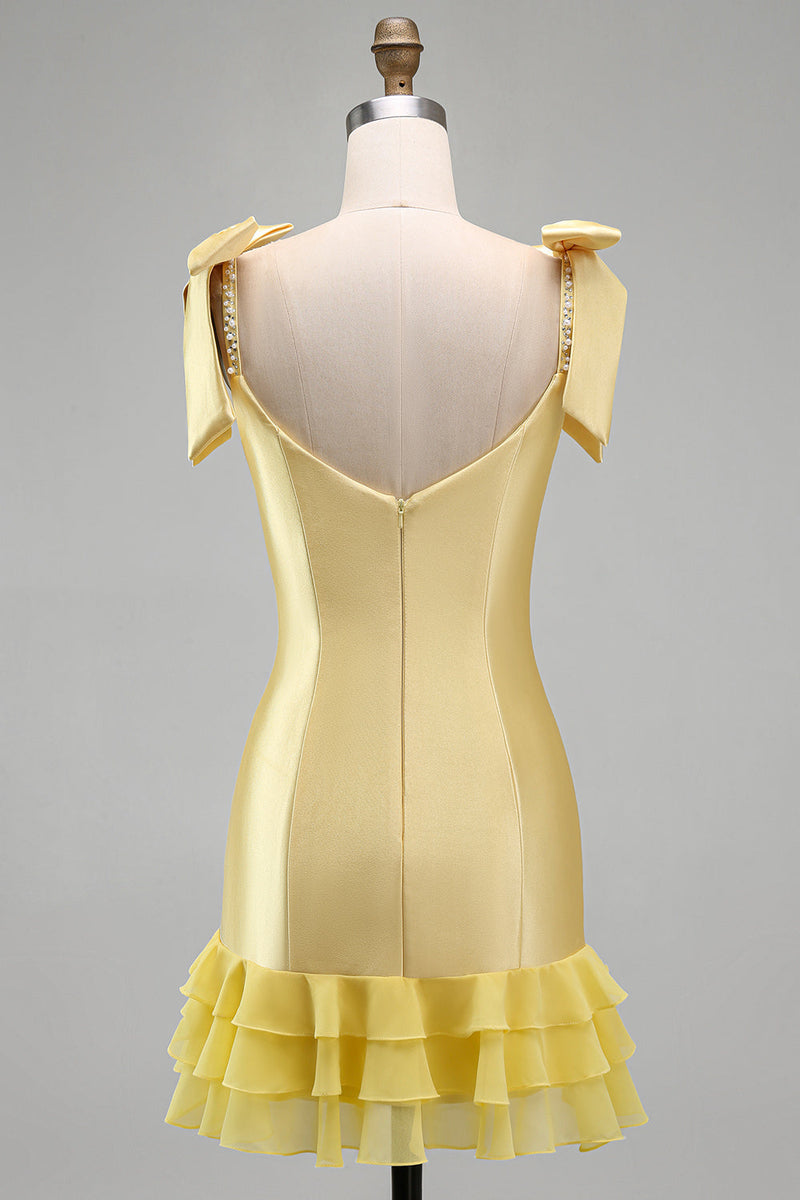 Load image into Gallery viewer, Sparkly Yellow Tight Tiered Ruffled Beaded Satin Short Cocktail Dress with Bows