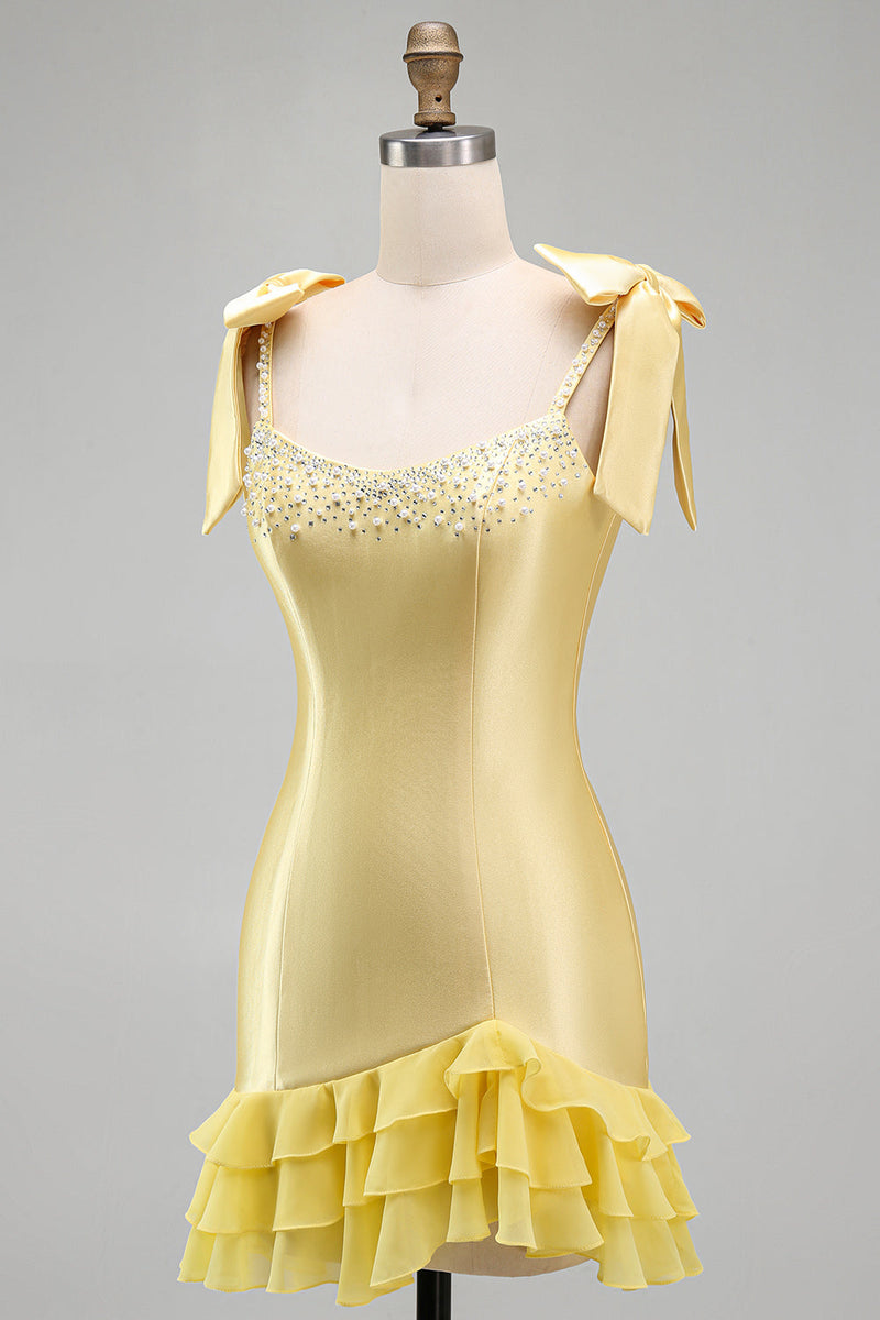 Load image into Gallery viewer, Sparkly Yellow Tight Tiered Ruffled Beaded Satin Short Cocktail Dress with Bows