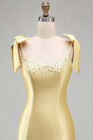 Load image into Gallery viewer, Sparkly Yellow Tight Tiered Ruffled Beaded Satin Short Cocktail Dress with Bows