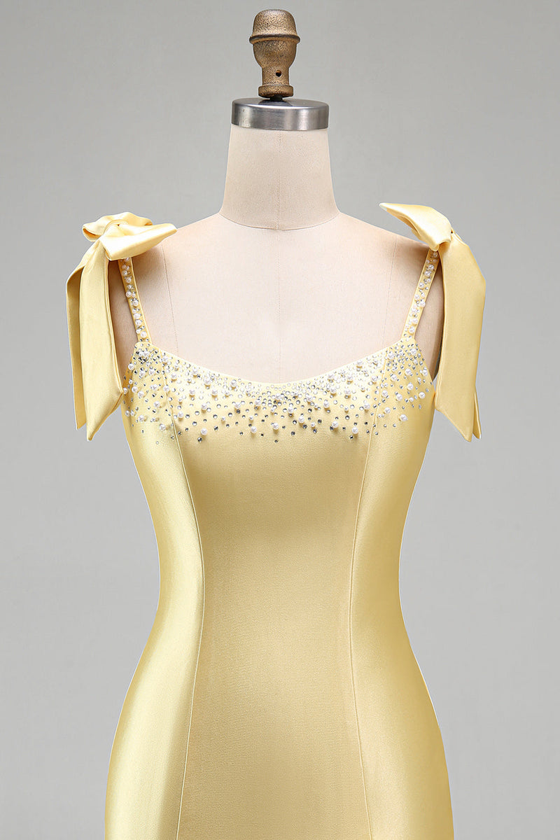 Load image into Gallery viewer, Sparkly Yellow Tight Tiered Ruffled Beaded Satin Short Cocktail Dress with Bows