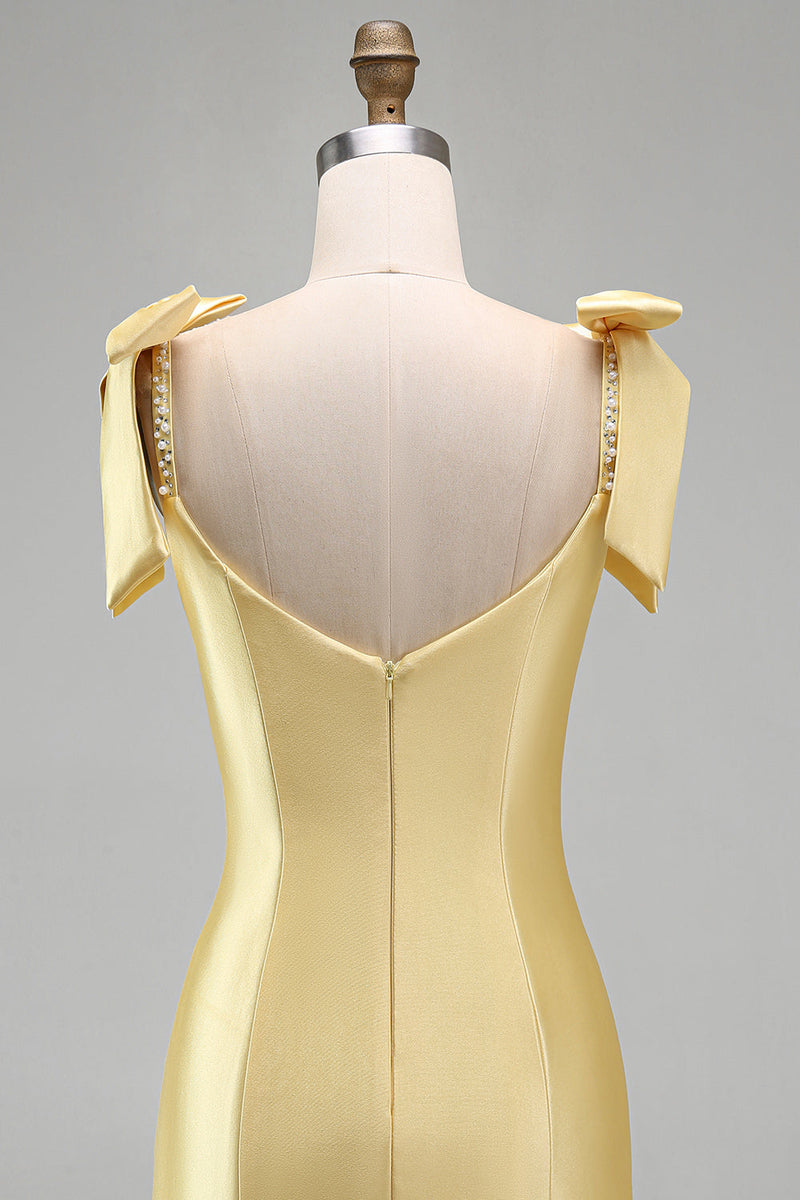 Load image into Gallery viewer, Sparkly Yellow Tight Tiered Ruffled Beaded Satin Short Cocktail Dress with Bows