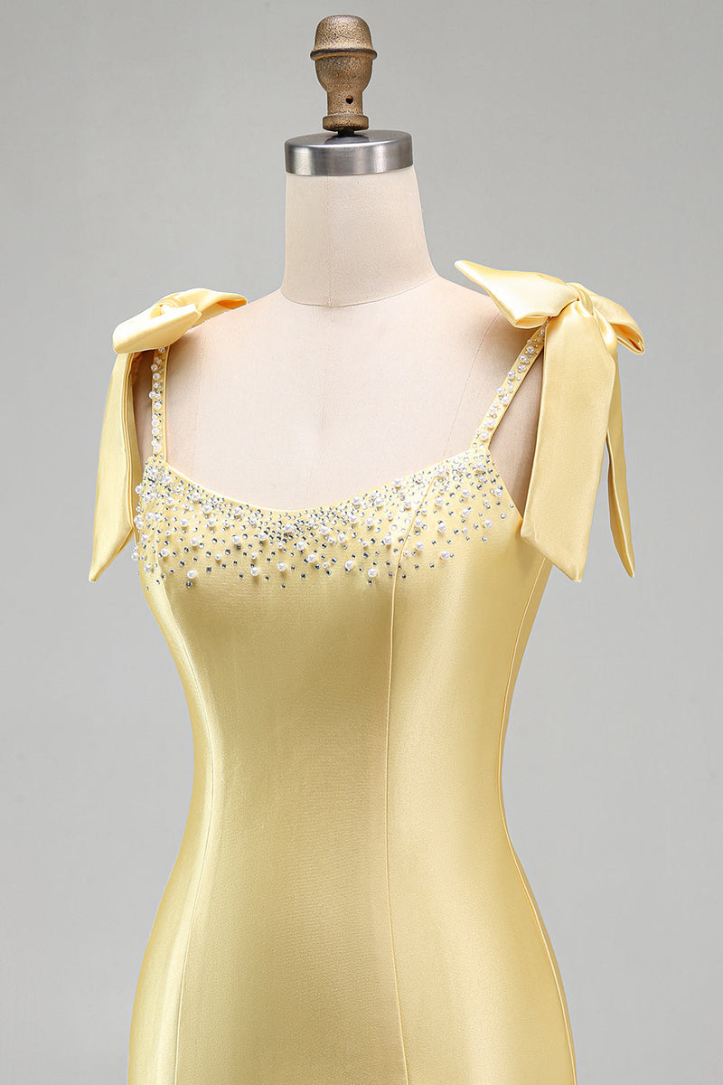Load image into Gallery viewer, Sparkly Yellow Tight Tiered Ruffled Beaded Satin Short Cocktail Dress with Bows