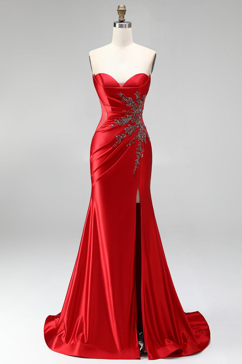 Load image into Gallery viewer, Sparkly Red Sweetheart Beaded Mermaid Ruched Long Prom Dress with Slit