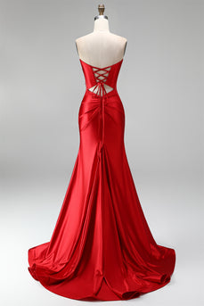 Sparkly Red Sweetheart Beaded Mermaid Ruched Long Prom Dress with Slit