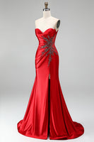 Load image into Gallery viewer, Sparkly Red Sweetheart Beaded Mermaid Ruched Long Prom Dress with Slit