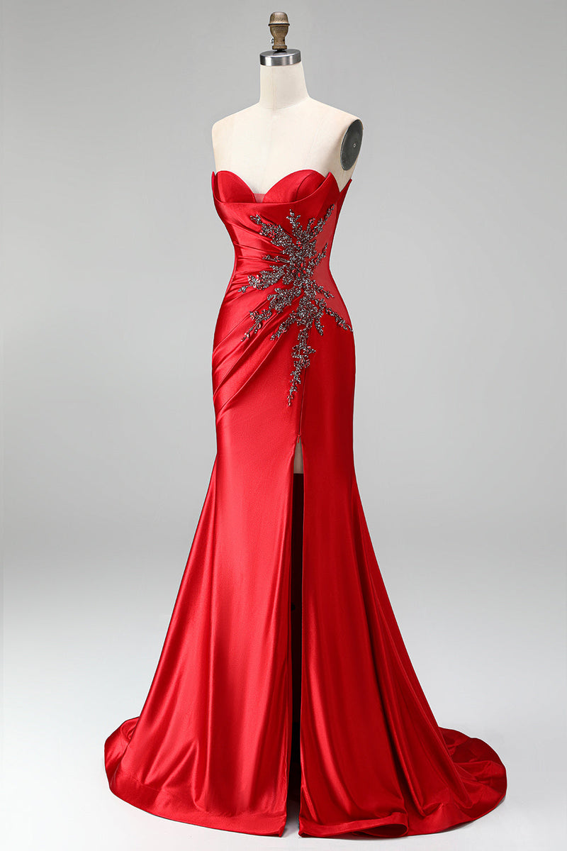 Load image into Gallery viewer, Sparkly Red Sweetheart Beaded Mermaid Ruched Long Prom Dress with Slit
