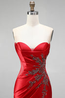Load image into Gallery viewer, Sparkly Red Sweetheart Beaded Mermaid Ruched Long Prom Dress with Slit