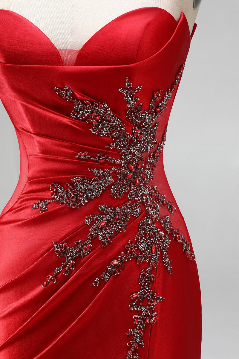Load image into Gallery viewer, Sparkly Red Sweetheart Beaded Mermaid Ruched Long Prom Dress with Slit