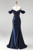 Load image into Gallery viewer, Sparkly Navy Mermaid Beaded Ruched Long Formal Dress with Slit