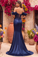 Load image into Gallery viewer, Sparkly Navy Mermaid Beaded Ruched Long Formal Dress with Slit