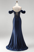 Load image into Gallery viewer, Sparkly Navy Mermaid Beaded Ruched Long Formal Dress with Slit
