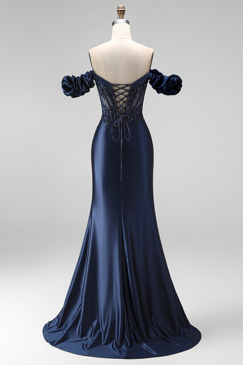 Load image into Gallery viewer, Sparkly Navy Mermaid Beaded Ruched Long Formal Dress with Slit