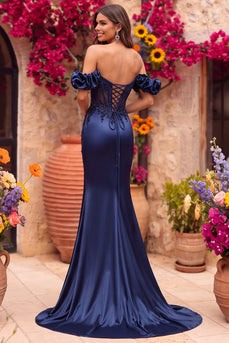 Sparkly Navy Mermaid Beaded Ruched Long Formal Dress with Slit