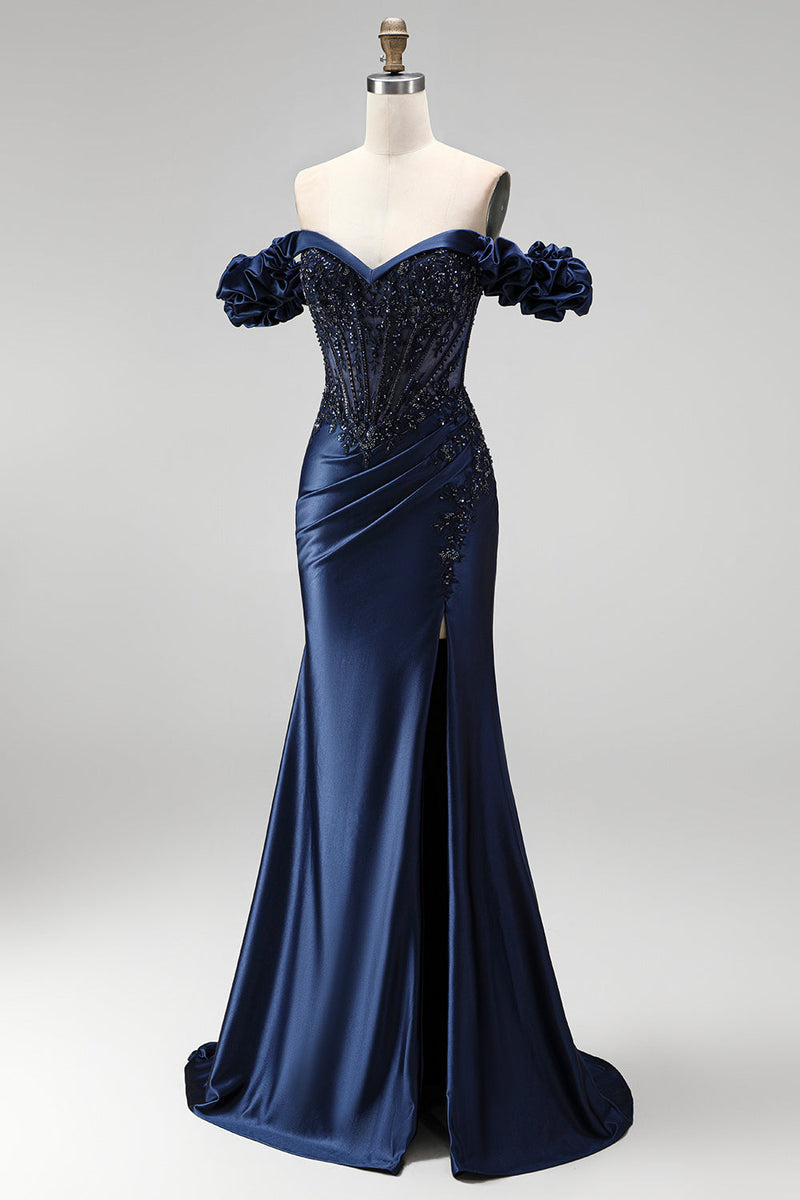 Load image into Gallery viewer, Sparkly Navy Mermaid Beaded Ruched Long Formal Dress with Slit