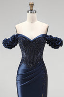 Load image into Gallery viewer, Sparkly Navy Mermaid Beaded Ruched Long Formal Dress with Slit