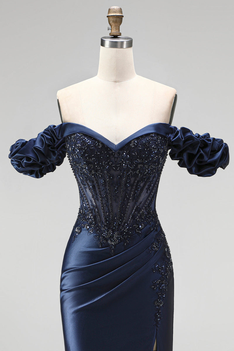 Load image into Gallery viewer, Sparkly Navy Mermaid Beaded Ruched Long Formal Dress with Slit